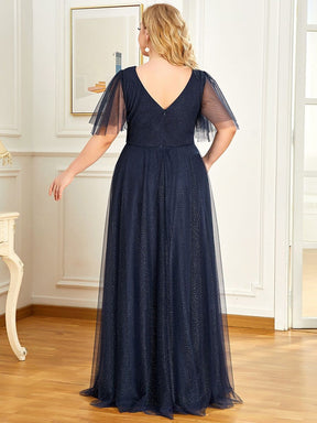 Plus Size V Neck Tulle Formal Evening Dress with Ruffle Sleeves