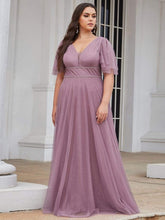 Plus Size Romantic V Neck Tulle Evening Dress with Ruffle Sleeves #color_Purple Orchid