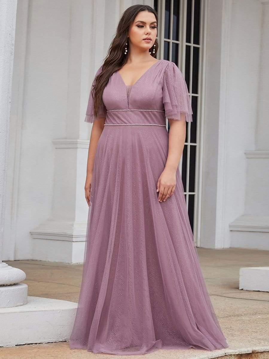 Plus Size V Neck Tulle Formal Evening Dress with Ruffle Sleeves