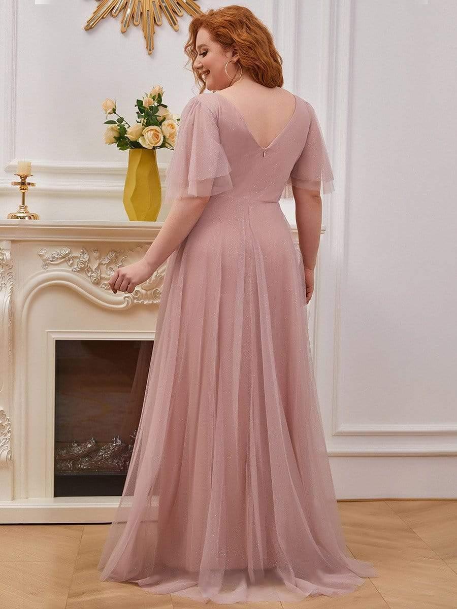 Plus Size V Neck Tulle Formal Evening Dress with Ruffle Sleeves