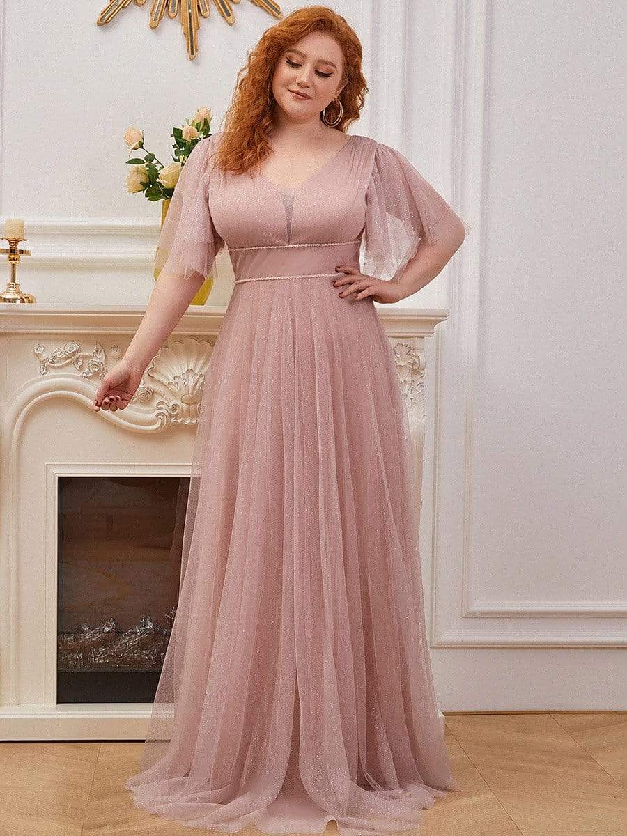 Plus Size Romantic V Neck Tulle Evening Dress with Ruffle Sleeves #color_Pink