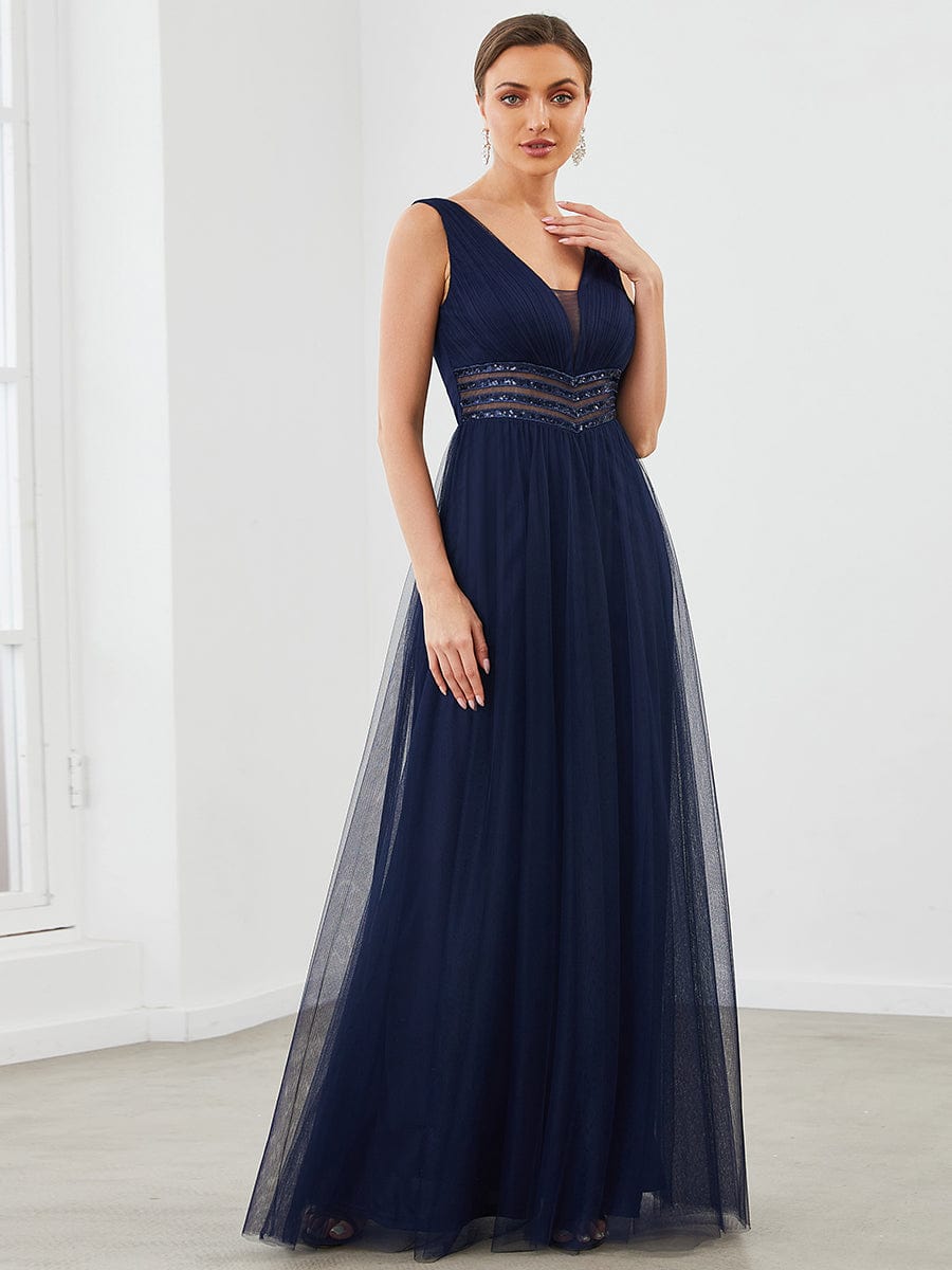 Sleeveless Tulle Sequin Chevron Empire Waist Evening Dress #color_Navy Blue 