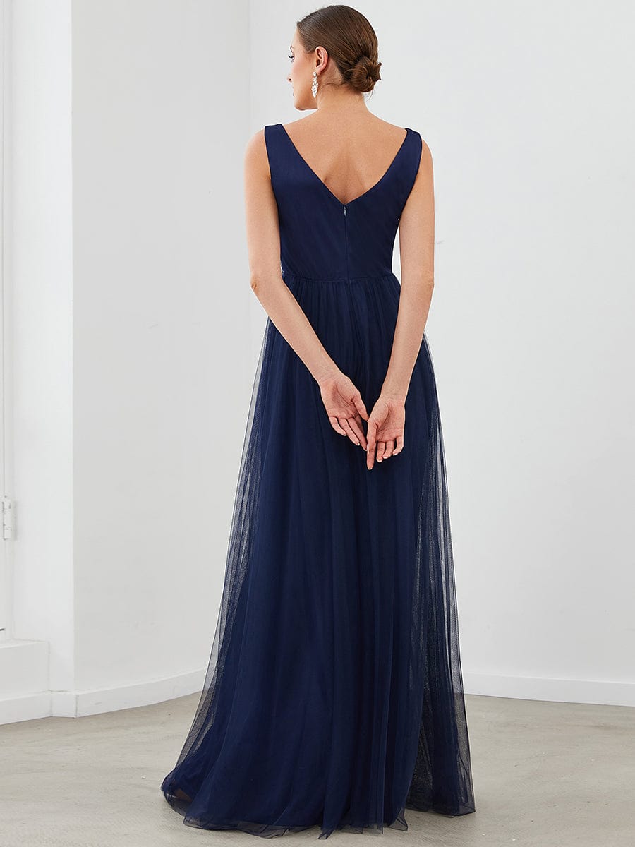 Sleeveless Tulle Sequin Chevron Empire Waist Evening Dress #color_Navy Blue 