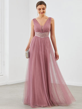 Sleeveless Tulle Sequin Chevron Empire Waist Evening Dress