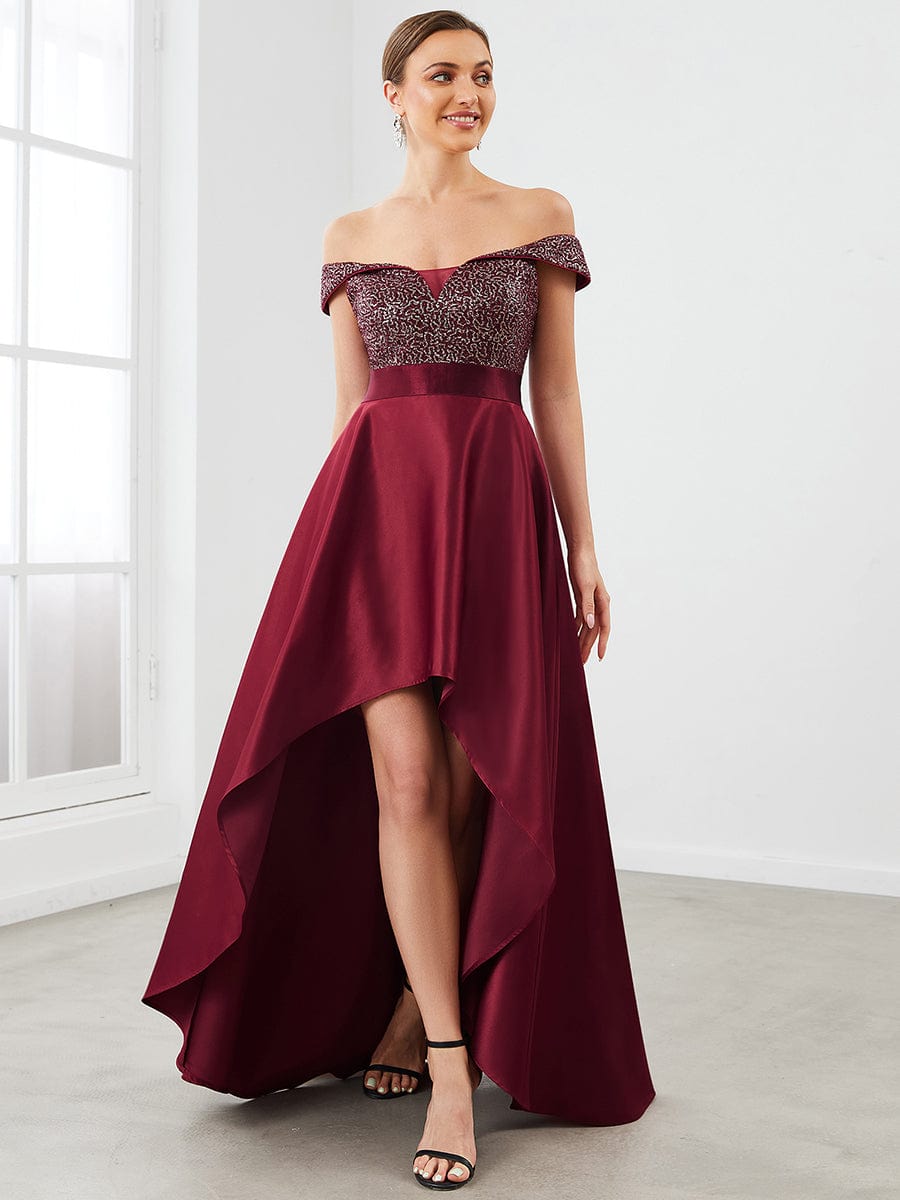 Sequin Off-Shoulder Illusion Sweetheart Ribbon Waist High Low Evening Dress #color_Burgundy 