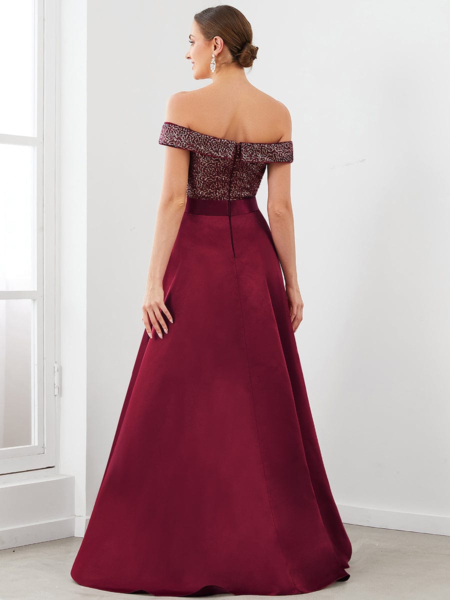 Sequin Off-Shoulder Illusion Sweetheart Ribbon Waist High Low Evening Dress #color_Burgundy 