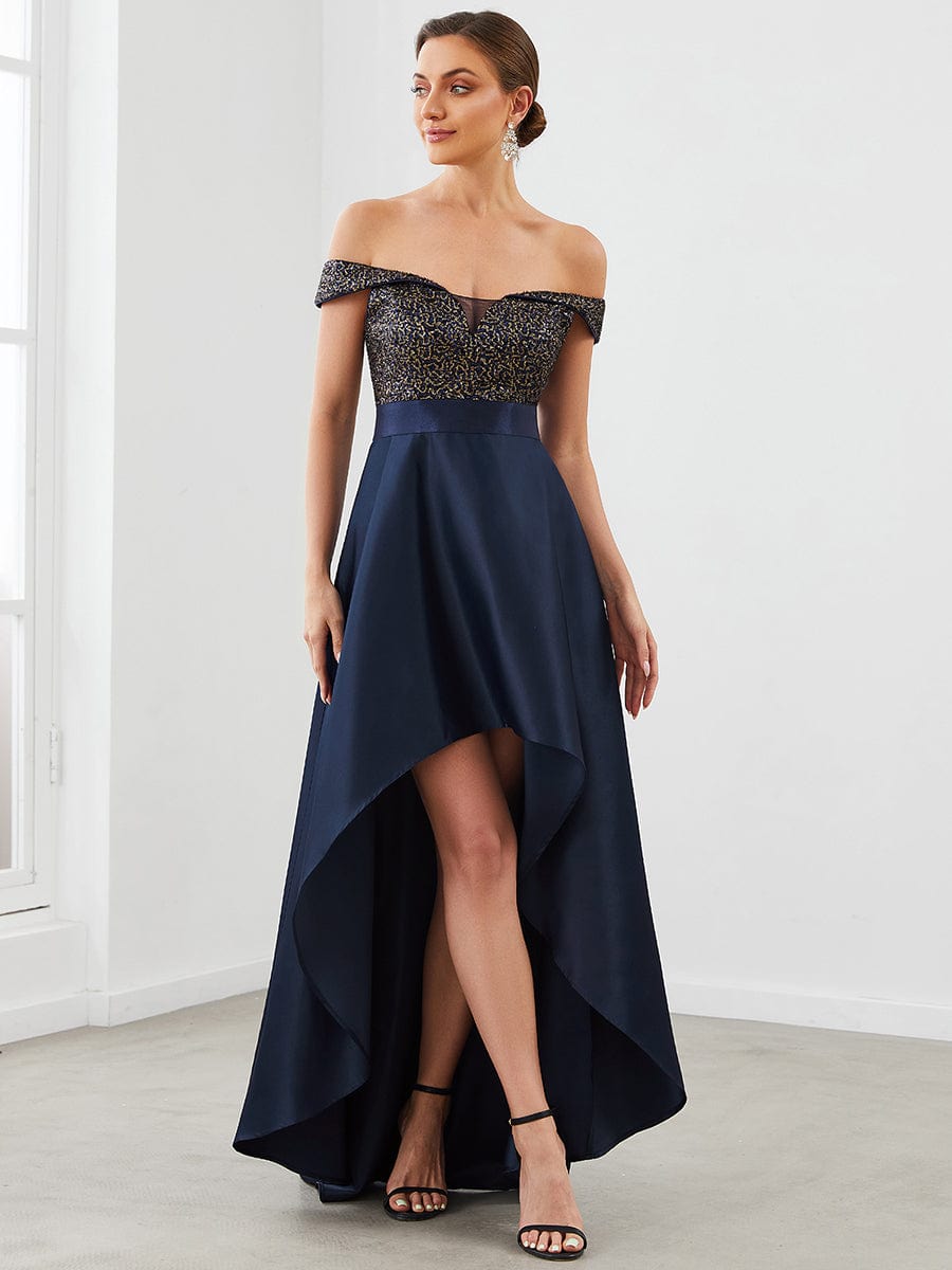 Sequin Off-Shoulder Illusion Sweetheart Ribbon Waist High Low Evening Dress #color_Navy Blue 