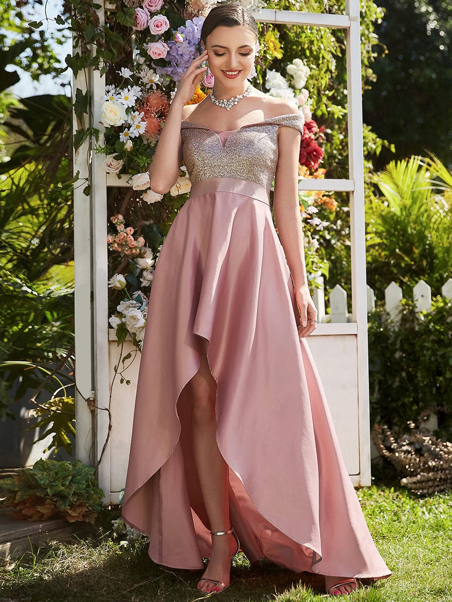 Sequin Off-Shoulder Illusion Sweetheart Ribbon Waist High Low Evening Dress #color_Purple Orchid 