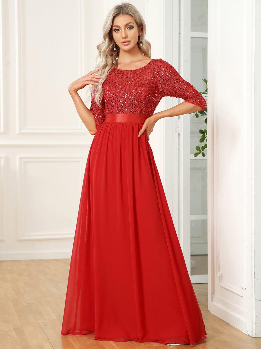 Elegant Round Neckline Long Sleeves Sequin Evening Dress #color_Red