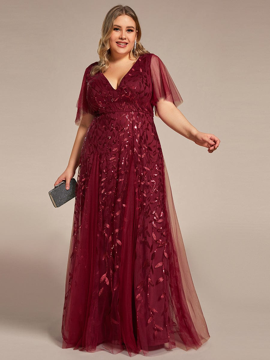 Custom Size V Neck Ruffle Sleeves Sequin Maxi Evening Dress #color_Burgundy