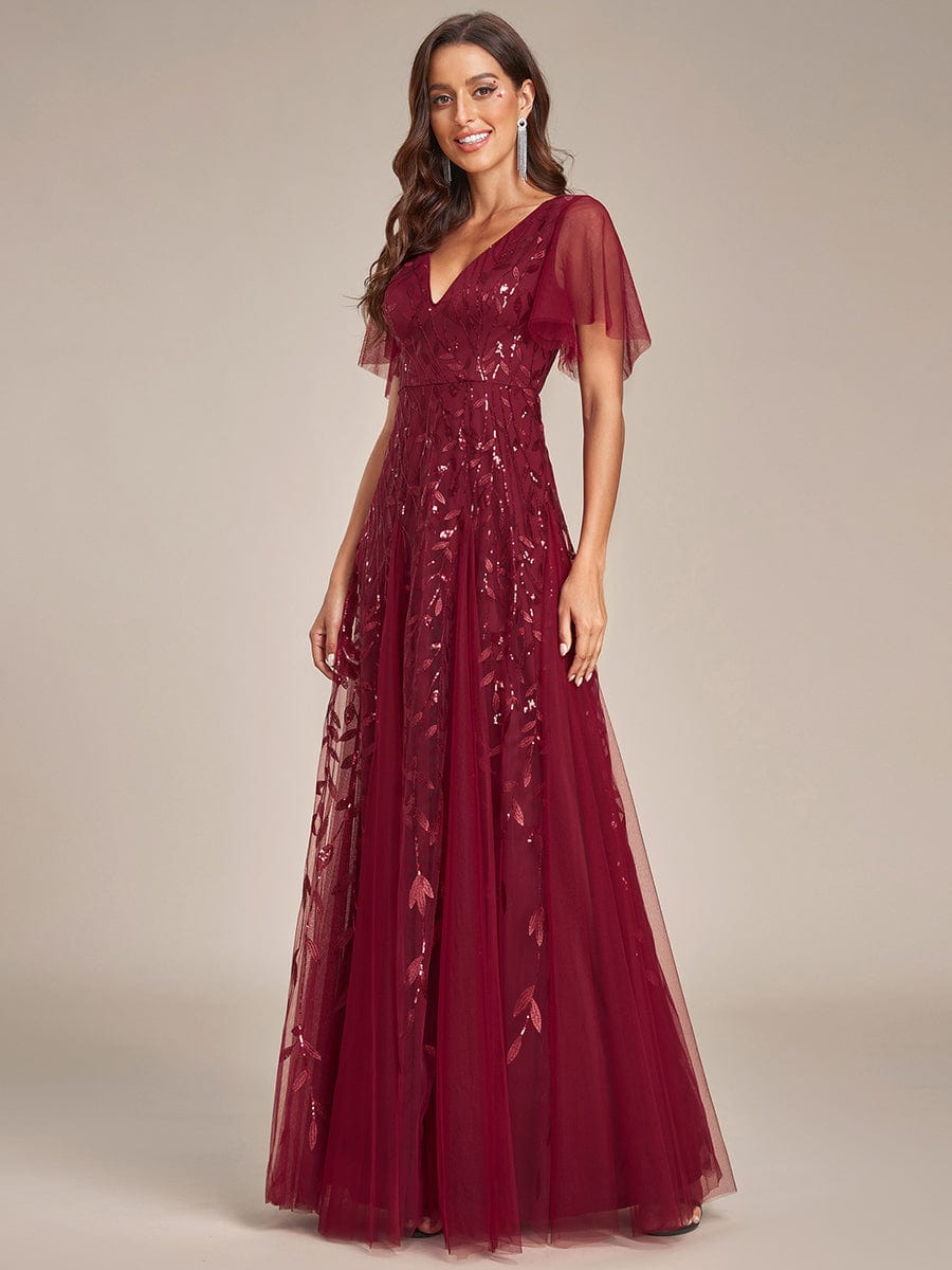 Shimmery V Neck Ruffle Sleeves Sequin Maxi Long Evening Dress #color_Burgundy
