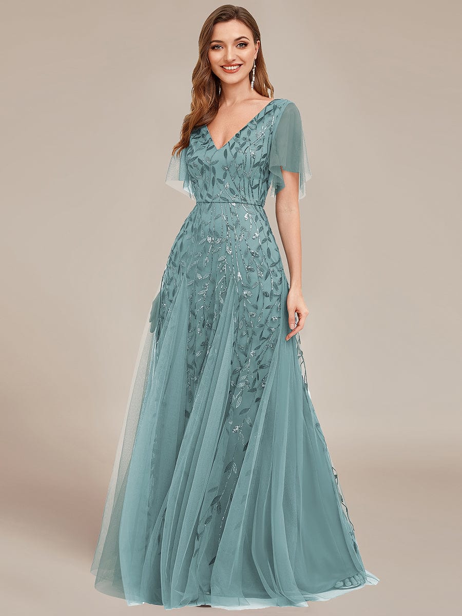 Shimmery V Neck Ruffle Sleeves Sequin Maxi Long Evening Dress #color_Dusty Blue