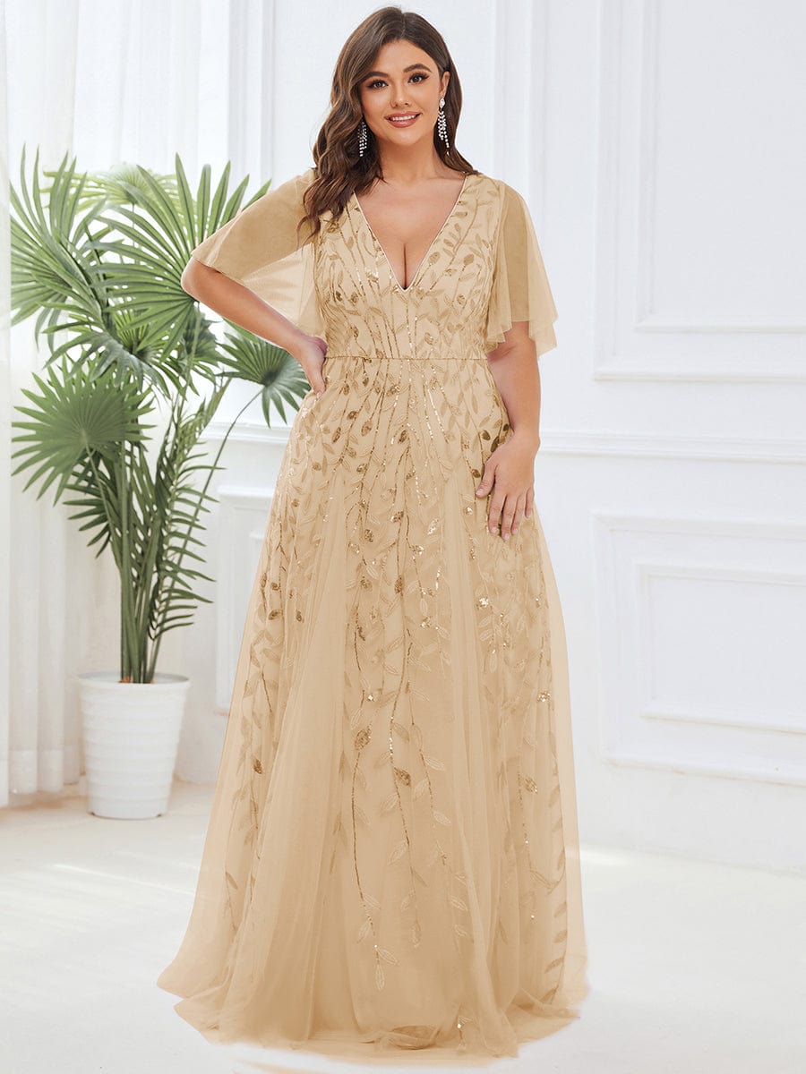 Custom Size V Neck Ruffle Sleeves Sequin Maxi Evening Dress #color_Gold