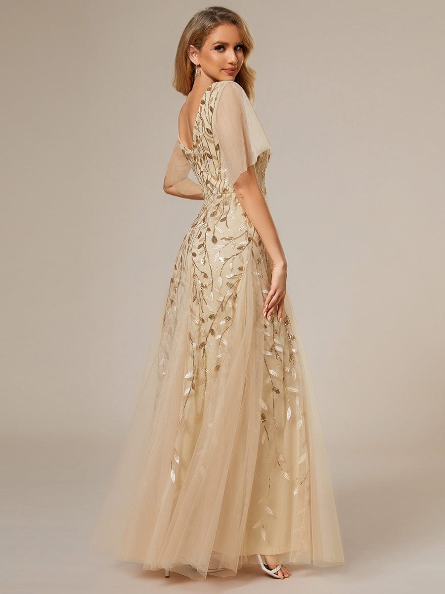 Shimmery V Neck Ruffle Sleeves Sequin Maxi Long Evening Dress #color_Gold
