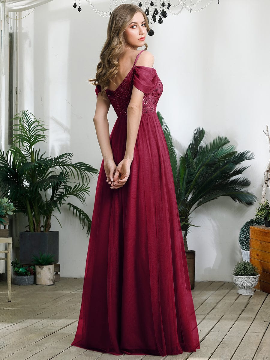Sequin Bodice Cold Shoulder Floor Length Tulle Bridesmaid Dress #color_Burgundy