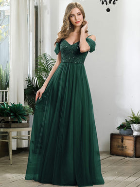 Custom Size Sequin Bodice Cold Shoulder Floor Length Tulle Bridesmaid Dress