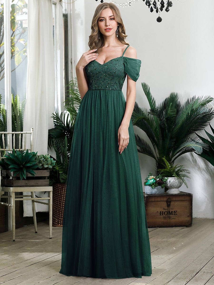 Custom Size Sequin Bodice Cold Shoulder Floor Length Tulle Bridesmaid Dress #color_Dark Green