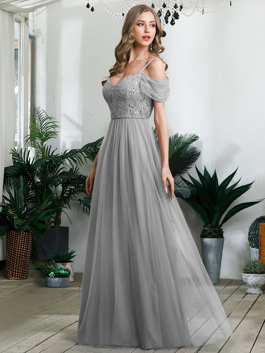 Custom Size Sequin Bodice Cold Shoulder Floor Length Tulle Bridesmaid Dress #color_Grey