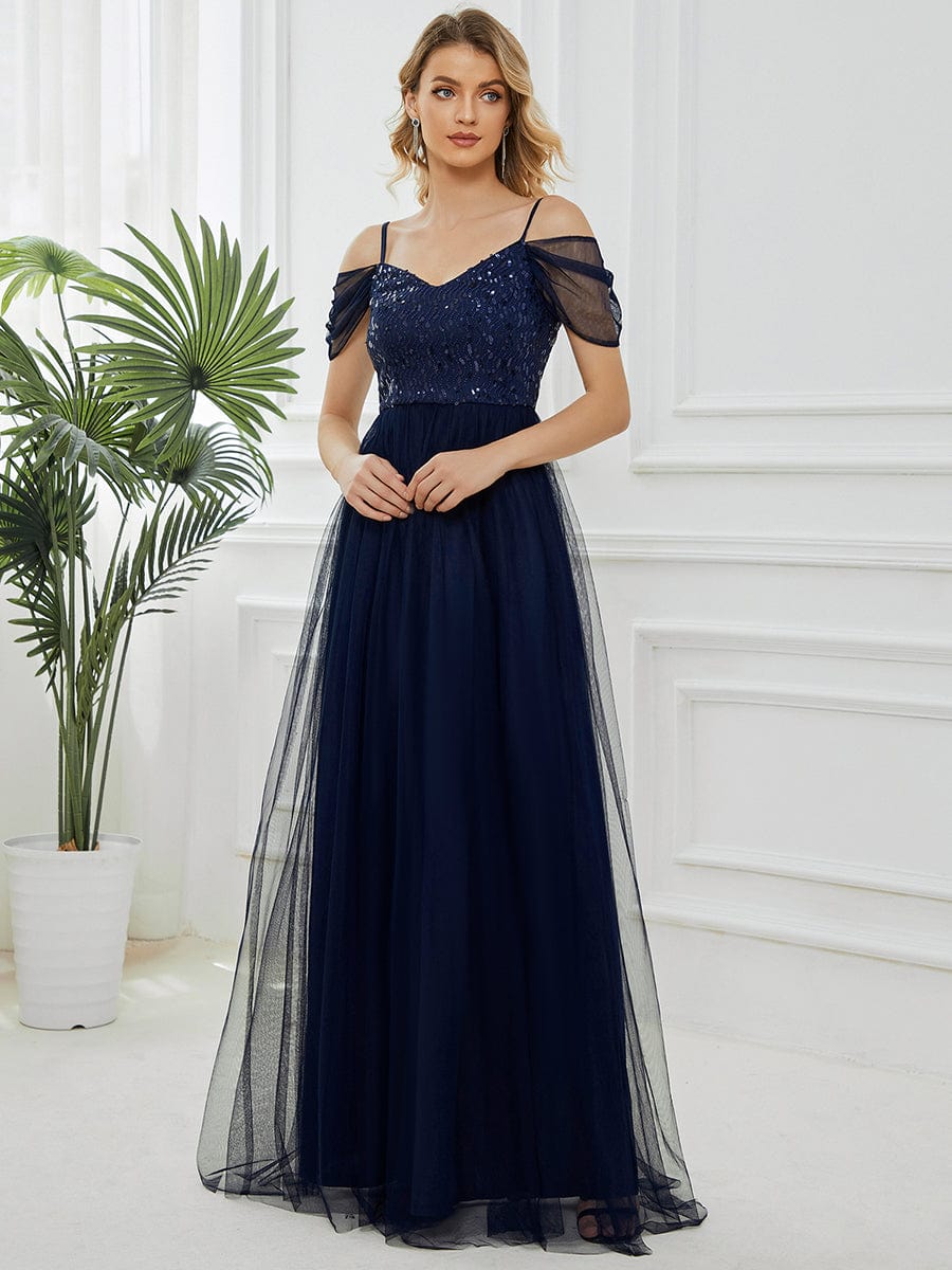 Custom Size Sequin Bodice Cold Shoulder Floor Length Tulle Bridesmaid Dress #color_Navy Blue