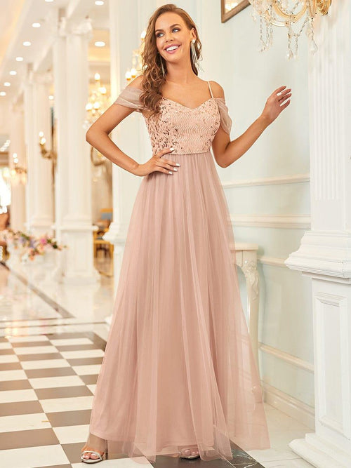 Off-shoulder Floor-length Short Sleeves Sequin Tulle Bridesmaid Dresses, BD0595