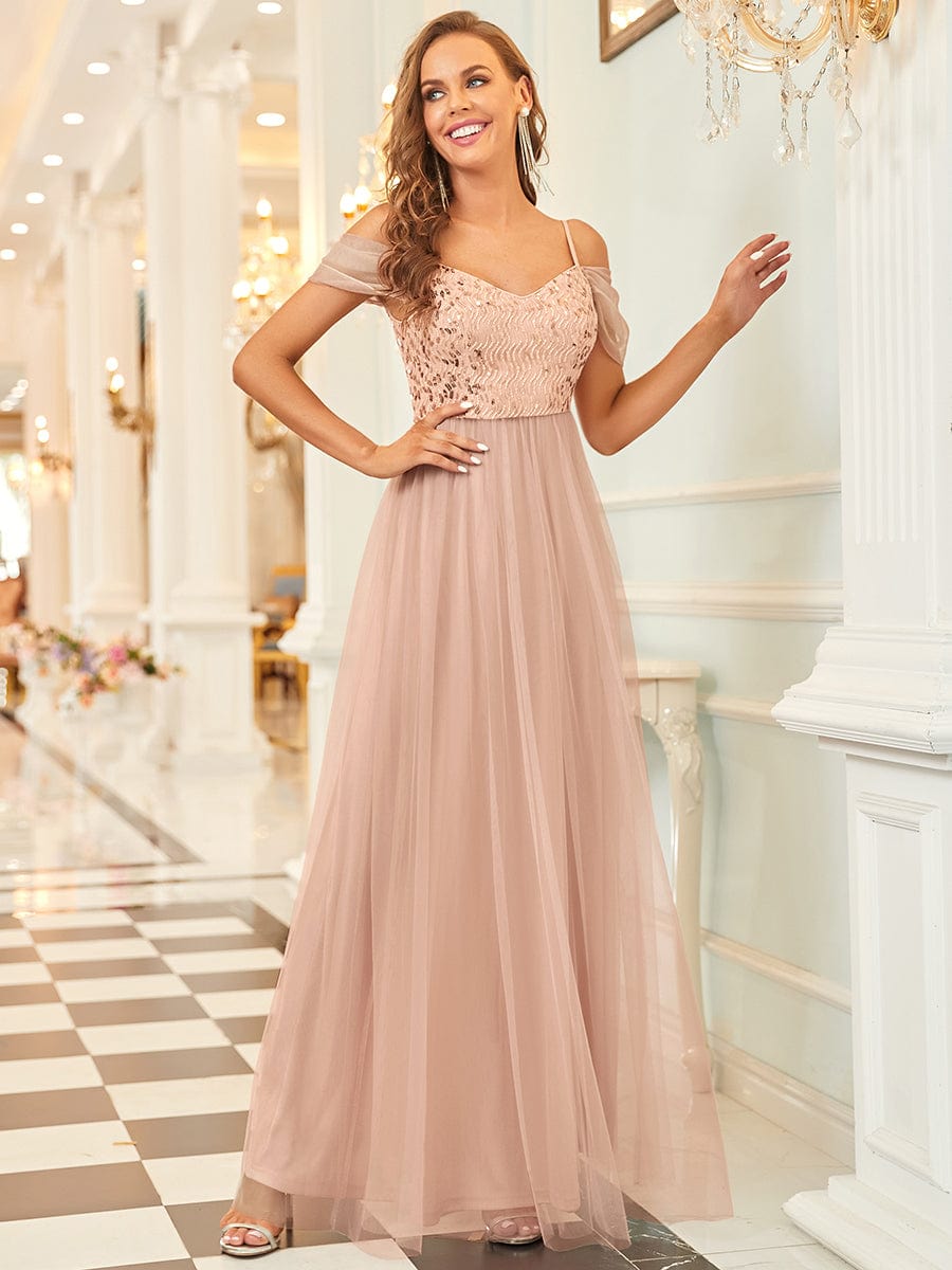 Custom Size Sequin Bodice Cold Shoulder Floor Length Tulle Bridesmaid Dress #color_Rose Gold