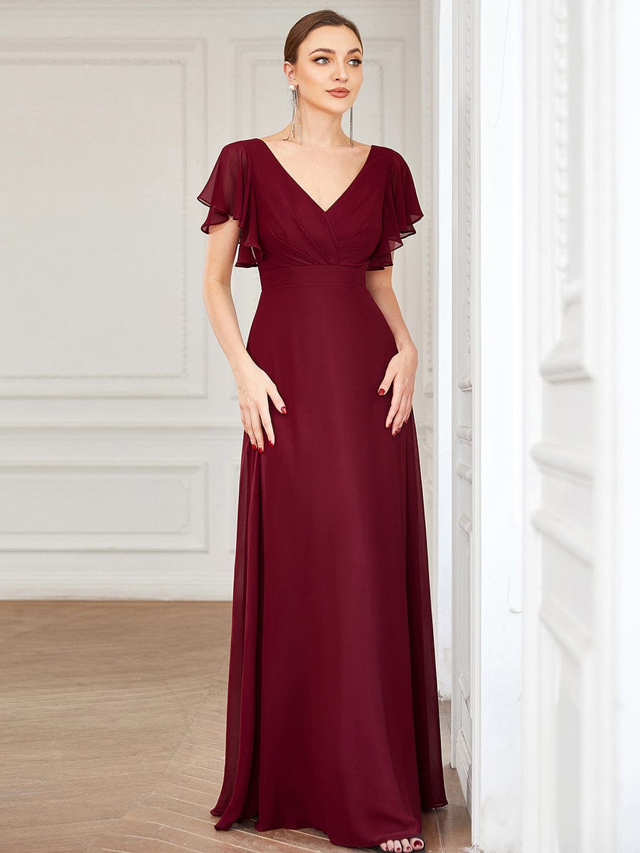 Short Ruffle Sleeve V-Neck Pleated Chiffon A-Line Evening Dress #color_Burgundy 