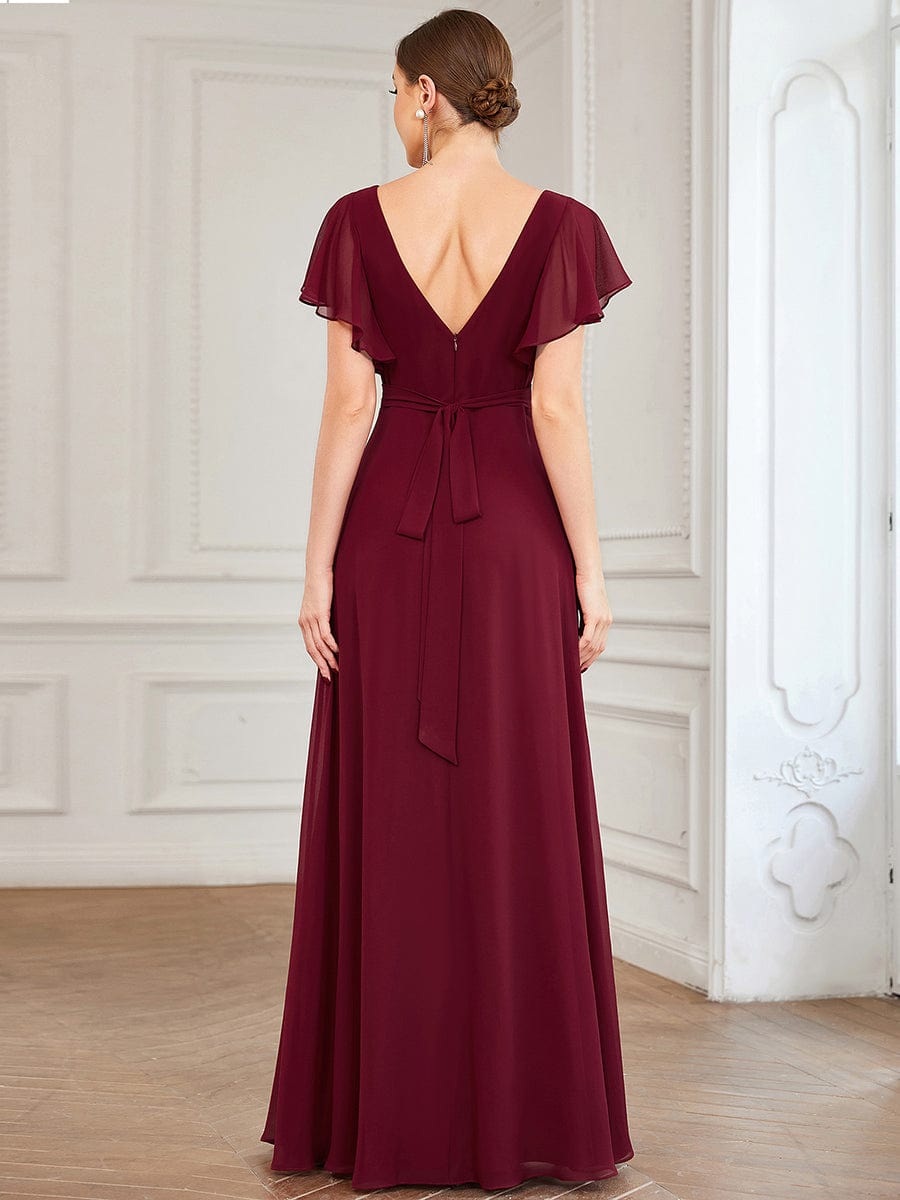 Short Ruffle Sleeve V-Neck Pleated Chiffon A-Line Evening Dress #color_Burgundy 