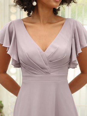Short Ruffle Sleeve V-Neck Pleated Chiffon A-Line Evening Dress