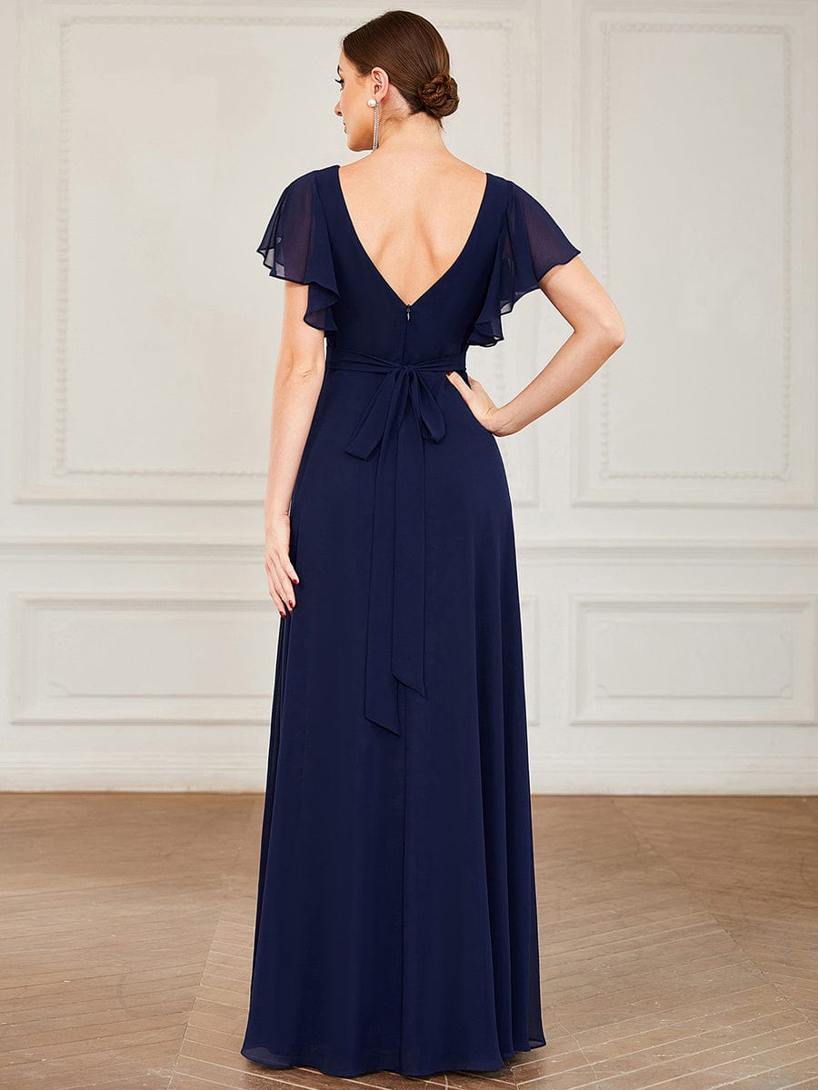 Custom Size Short Ruffle Sleeve Pleated Chiffon A-Line Evening Dress #color_Navy Blue