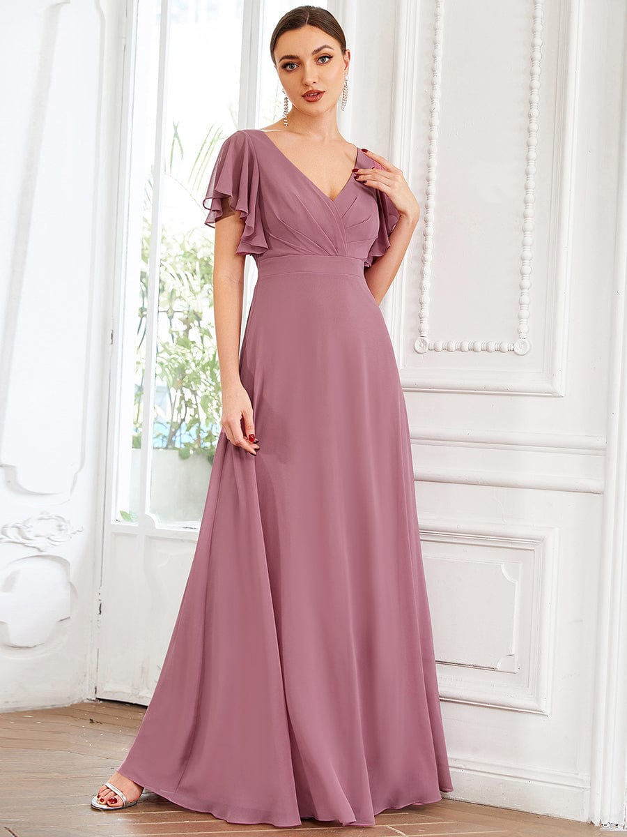 Short Ruffle Sleeve V-Neck Pleated Chiffon A-Line Evening Dress #color_Purple Orchid 