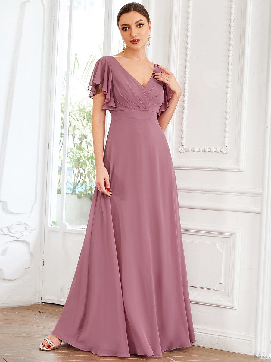 Custom Size Short Ruffle Sleeve Pleated Chiffon A-Line Evening Dress #color_Purple Orchid