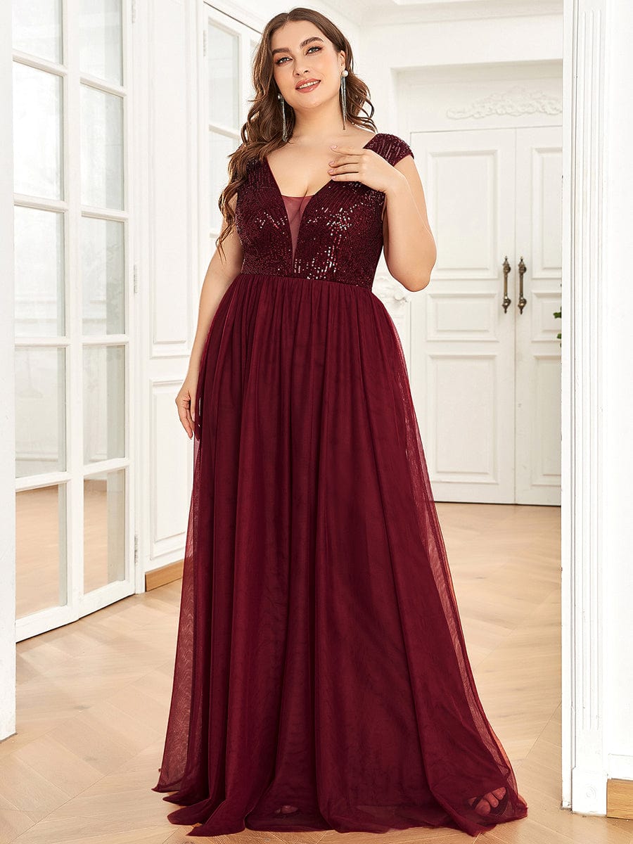 Plus Size Sequin Illusion Plunging V-Neckline Sleeveless A-Line Tulle Evening Dress #color_Burgundy 