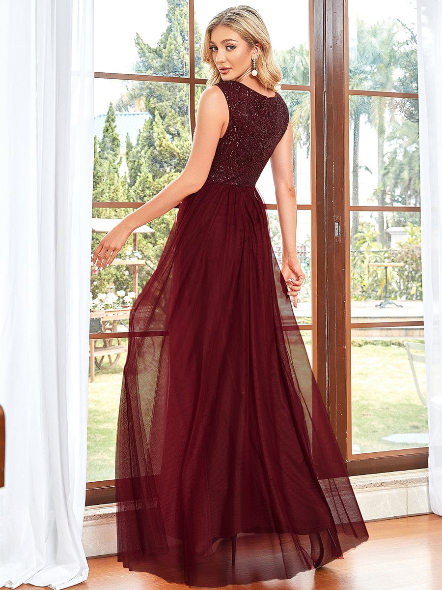 Sequin Illusion Plunging V-Neckline Sleeveless A-Line Tulle Evening Dress #color_Burgundy 