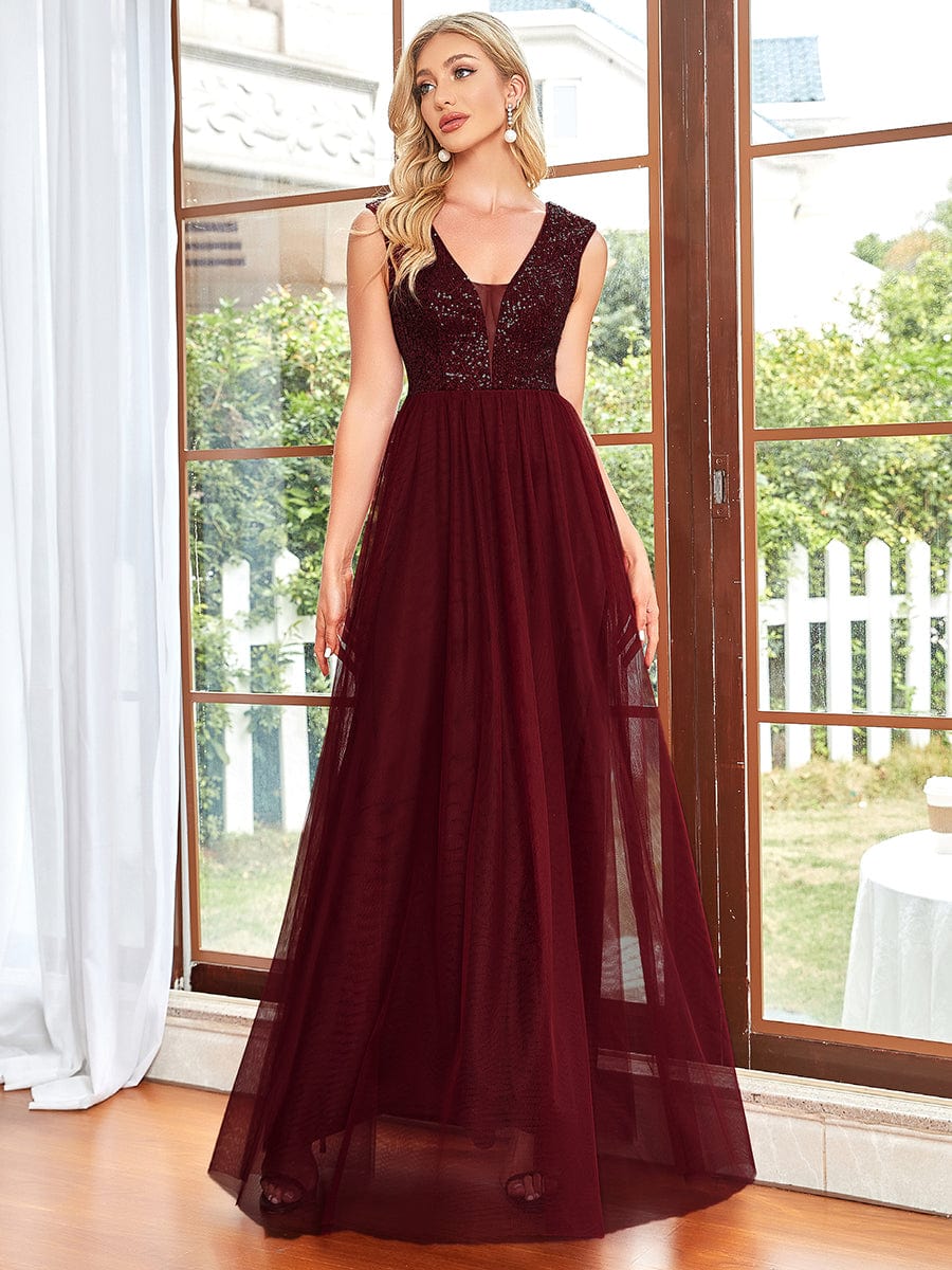Sequin Illusion Plunging V-Neckline Sleeveless A-Line Tulle Evening Dress #color_Burgundy 