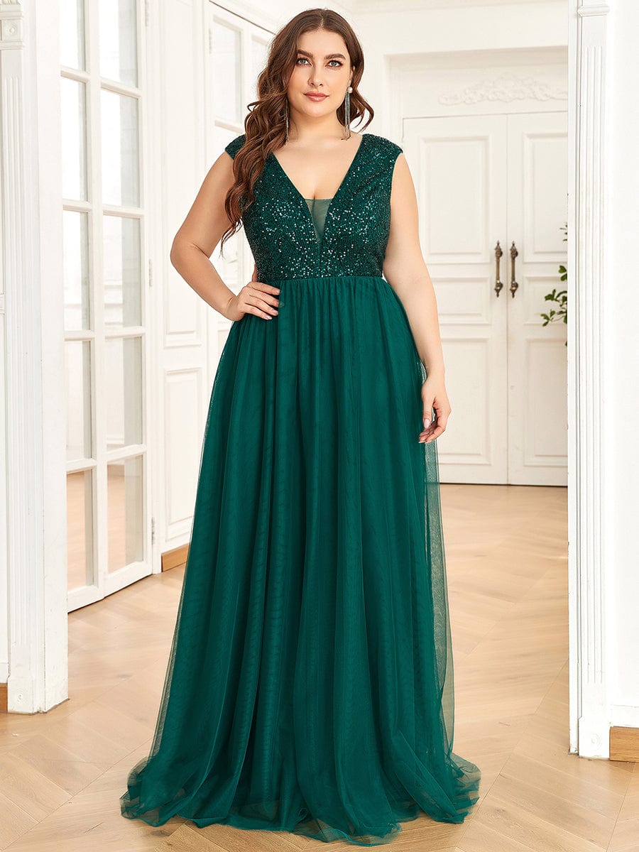 Custom Size Sequin Illusion Plunging V-Neckline Sleeveless A-Line Tulle Evening Dress #color_Dark Green 
