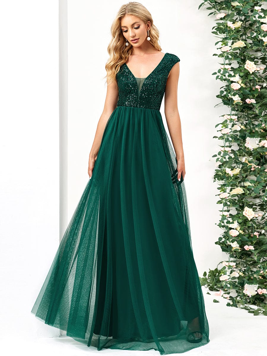 Sequin Illusion Plunging V-Neckline Sleeveless A-Line Tulle Evening Dress #color_Dark Green 