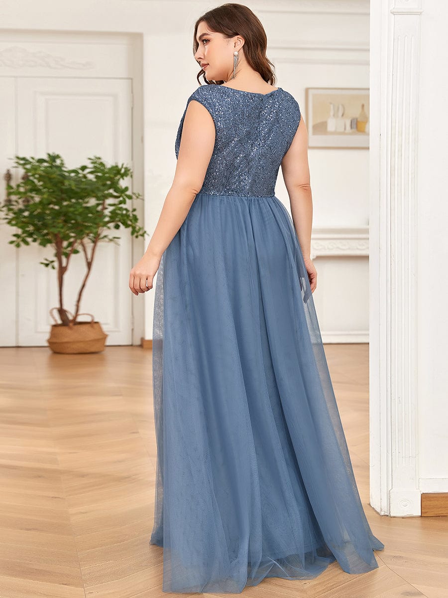 Plus Size Sequin Illusion Plunging V-Neckline Sleeveless A-Line Tulle Evening Dress #color_Dusty Navy 