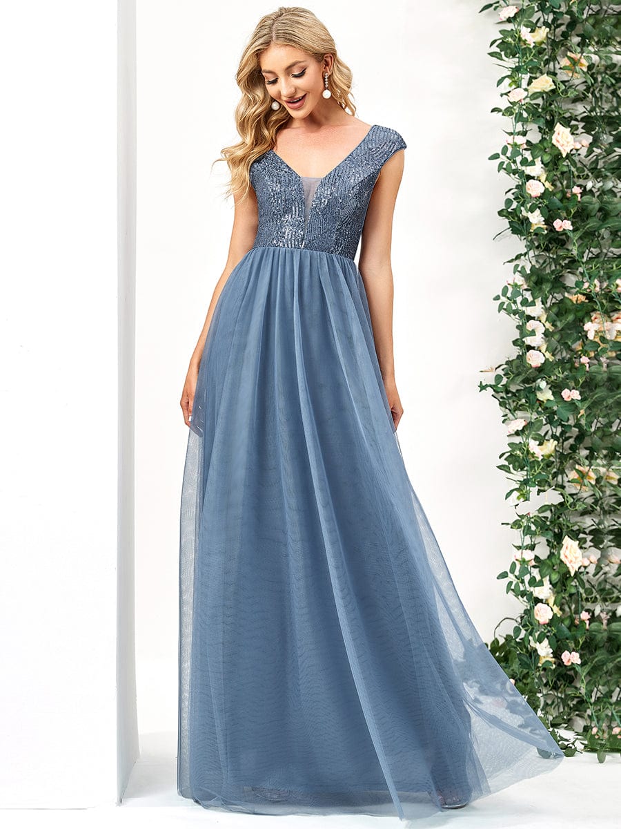 Sequin Illusion Plunging V-Neckline Sleeveless A-Line Tulle Evening Dress #color_Dusty Navy 