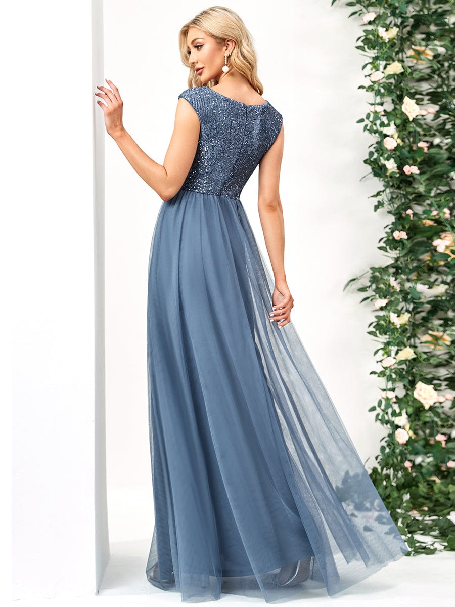 Sequin Illusion Plunging V-Neckline Sleeveless A-Line Tulle Evening Dress #color_Dusty Navy 