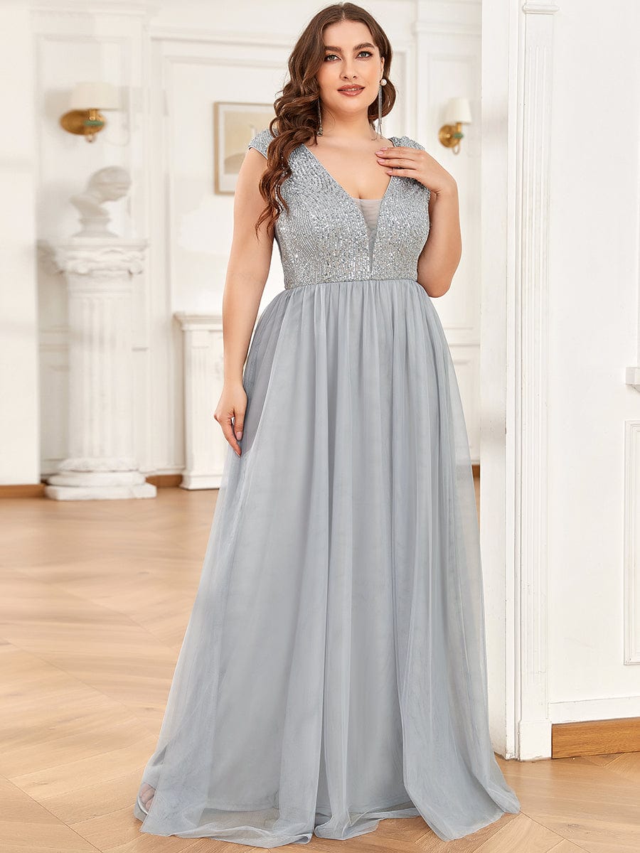 Plus Size Sequin Illusion Plunging V-Neckline Sleeveless A-Line Tulle Evening Dress #color_Grey 