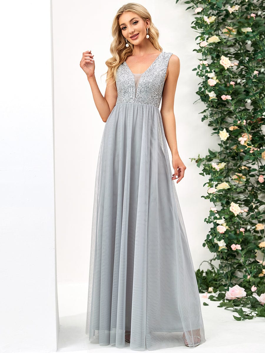 Sequin Illusion Plunging V-Neckline Sleeveless A-Line Tulle Evening Dress #color_Grey 