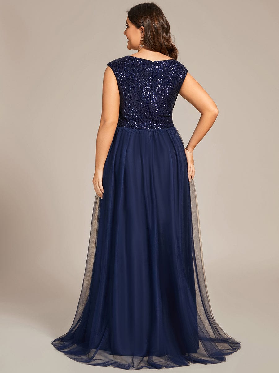 Custom Size Sequin Illusion Plunging V-Neckline Sleeveless A-Line Tulle Evening Dress #color_Navy Blue 
