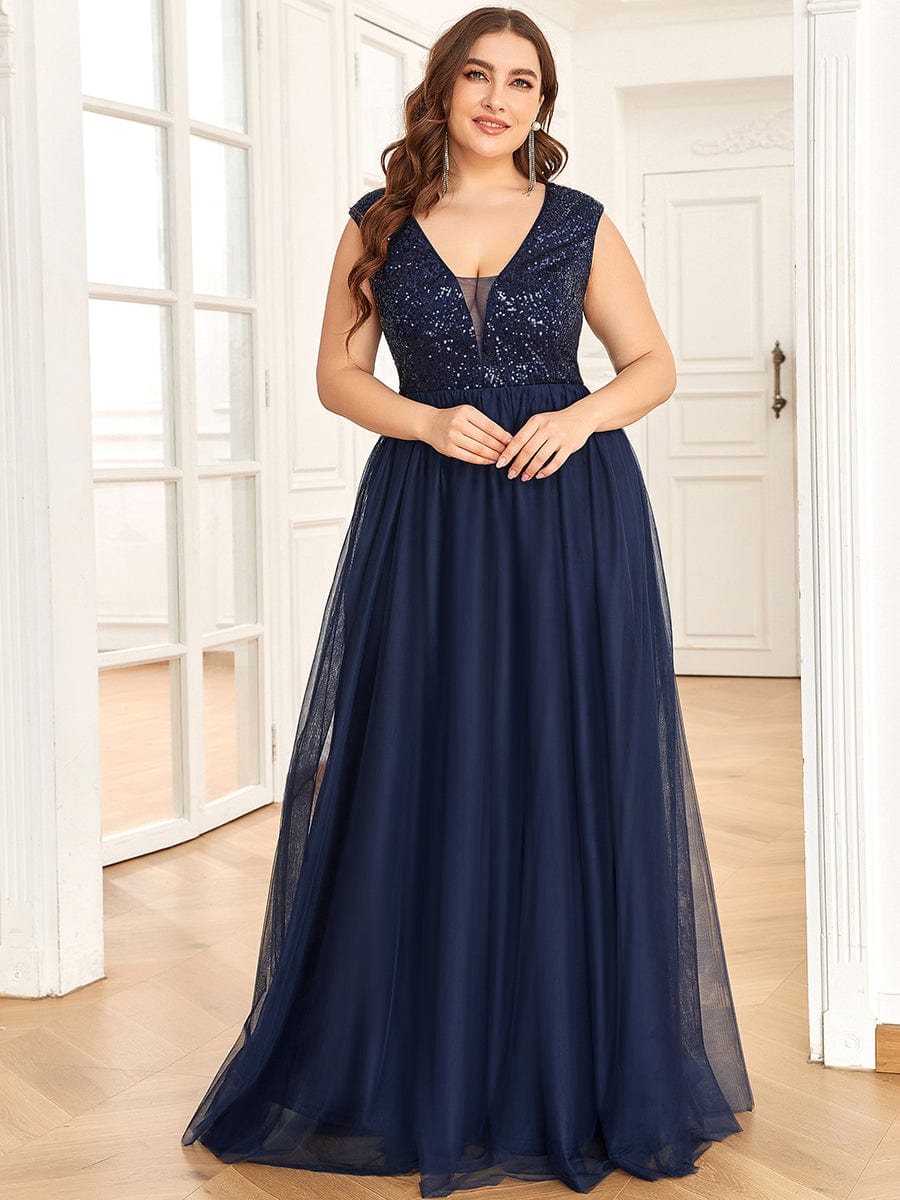 Plus Size Sequin Illusion Plunging V-Neckline Sleeveless A-Line Tulle Evening Dress #color_Navy Blue 