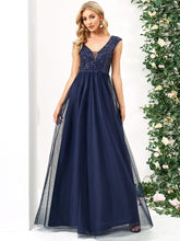 Sequin Illusion Plunging V-Neckline Sleeveless A-Line Tulle Evening Dress #color_Navy Blue 