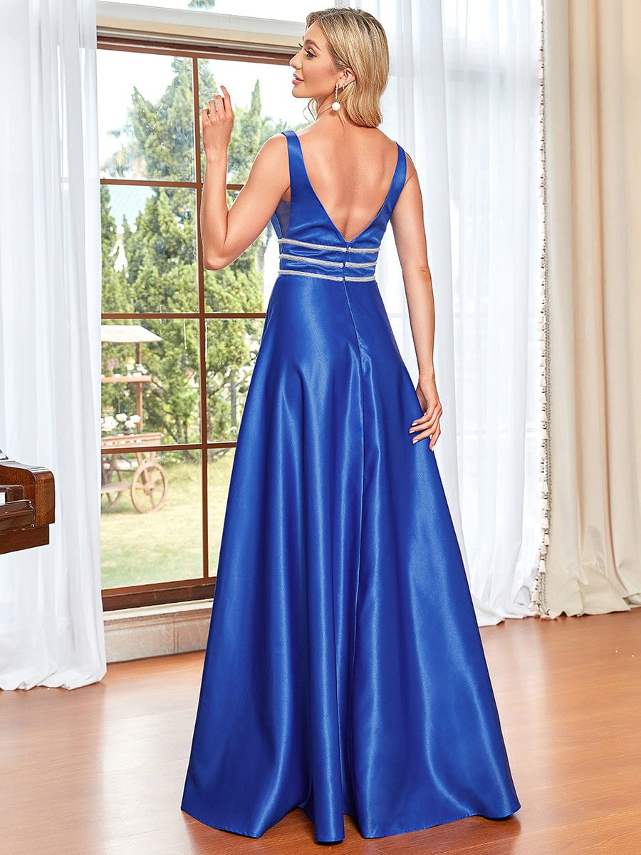 Sequin Sleeveless V-Neck Illusion Panel Satin Evening Dress #color_Sapphire Blue 