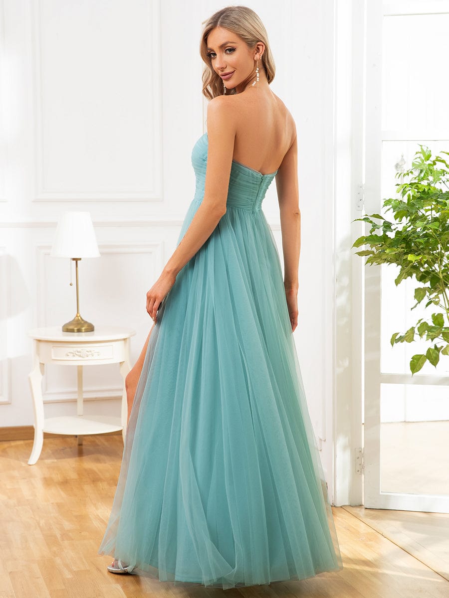 Strapless Ruched Tulle High Slit Floor-Length Evening Dress #color_Dusty Blue