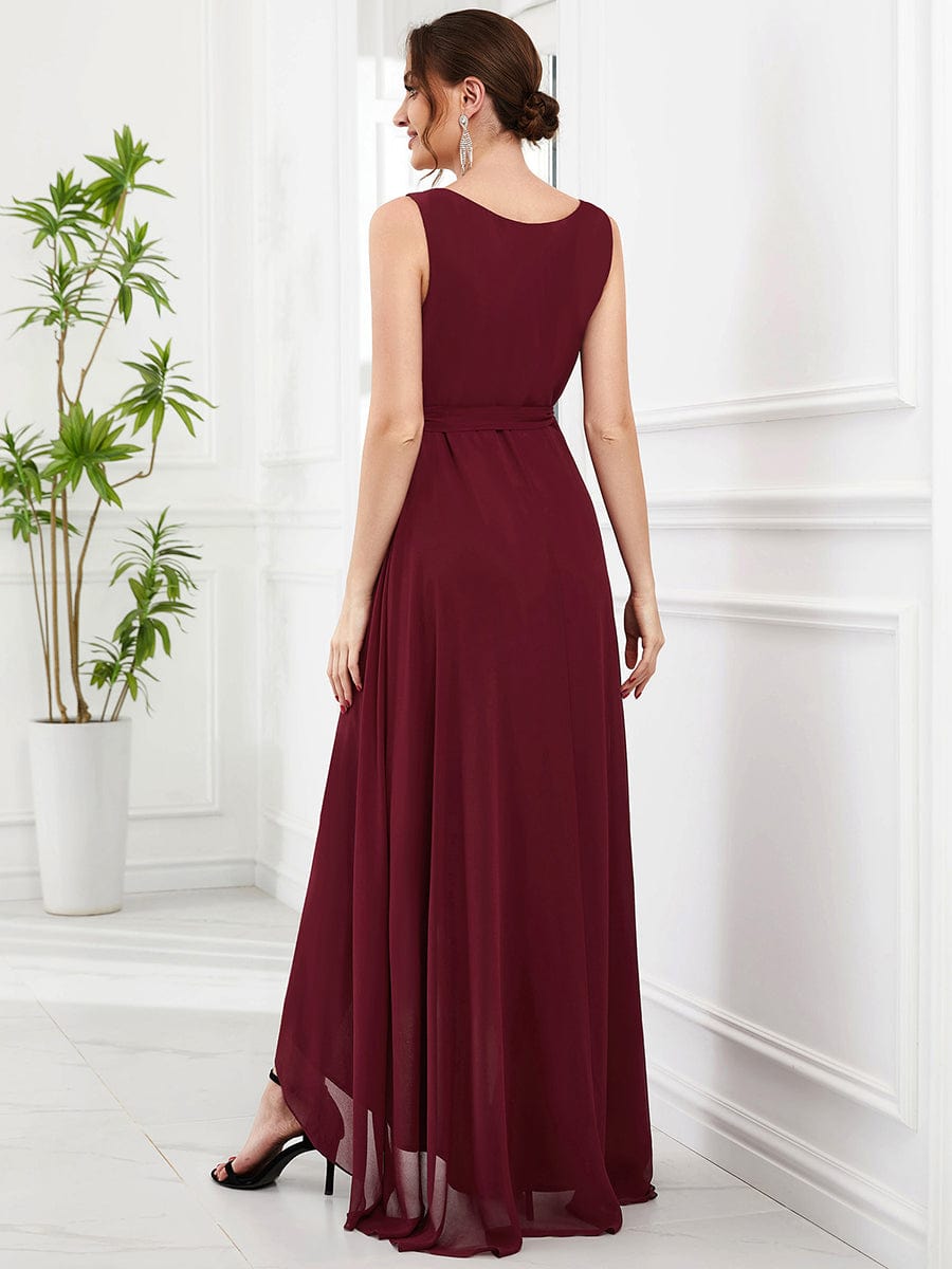 Chiffon Sleeveless Front Slit V-Neck Layered Evening Dress #Color_Burgundy