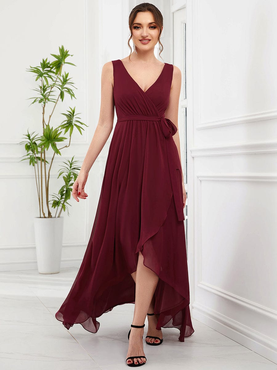 Chiffon Sleeveless Front Slit V-Neck Layered Evening Dress #Color_Burgundy