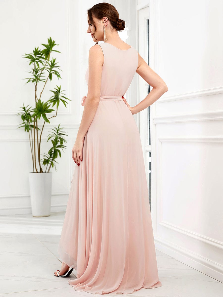Chiffon Sleeveless Front Slit V-Neck Layered Evening Dress #Color_Pink