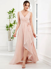 Chiffon Sleeveless Front Slit V-Neck Layered Evening Dress #Color_Burgundy